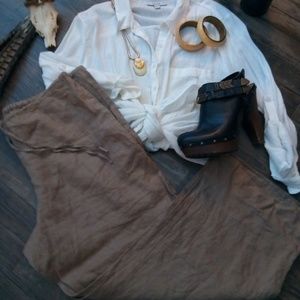 Khaki 100% Irish Linen Capri Pants